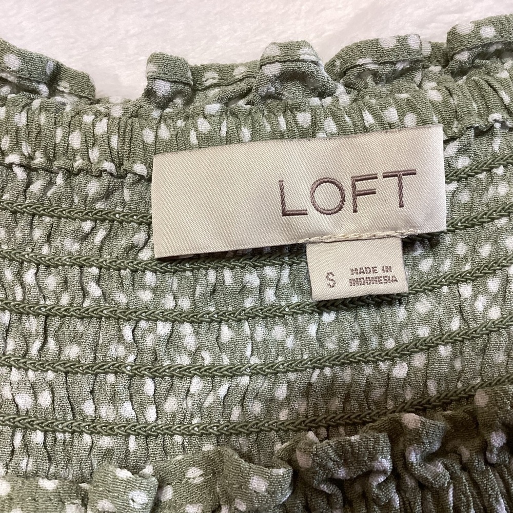 Loft Dotted Smocked Blouse S Green White Cottagecore Peasant Rayon Size Small - Picture 3 of 7
